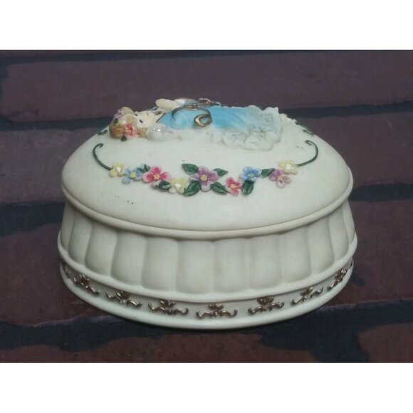 VTG 2001 trinket box angel little girl jewelry box resin ivory blue pink Oval - Picture 3 of 9